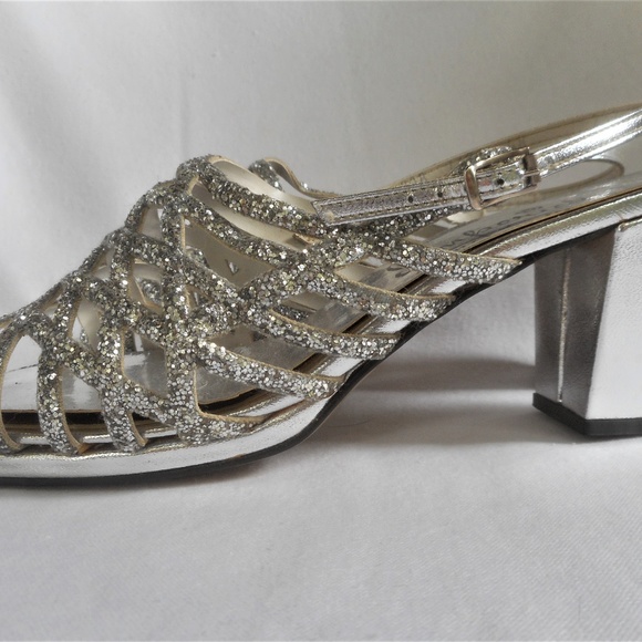 Vintage Imperial Silver Strappy Stack Heels 7 N - Picture 3 of 7